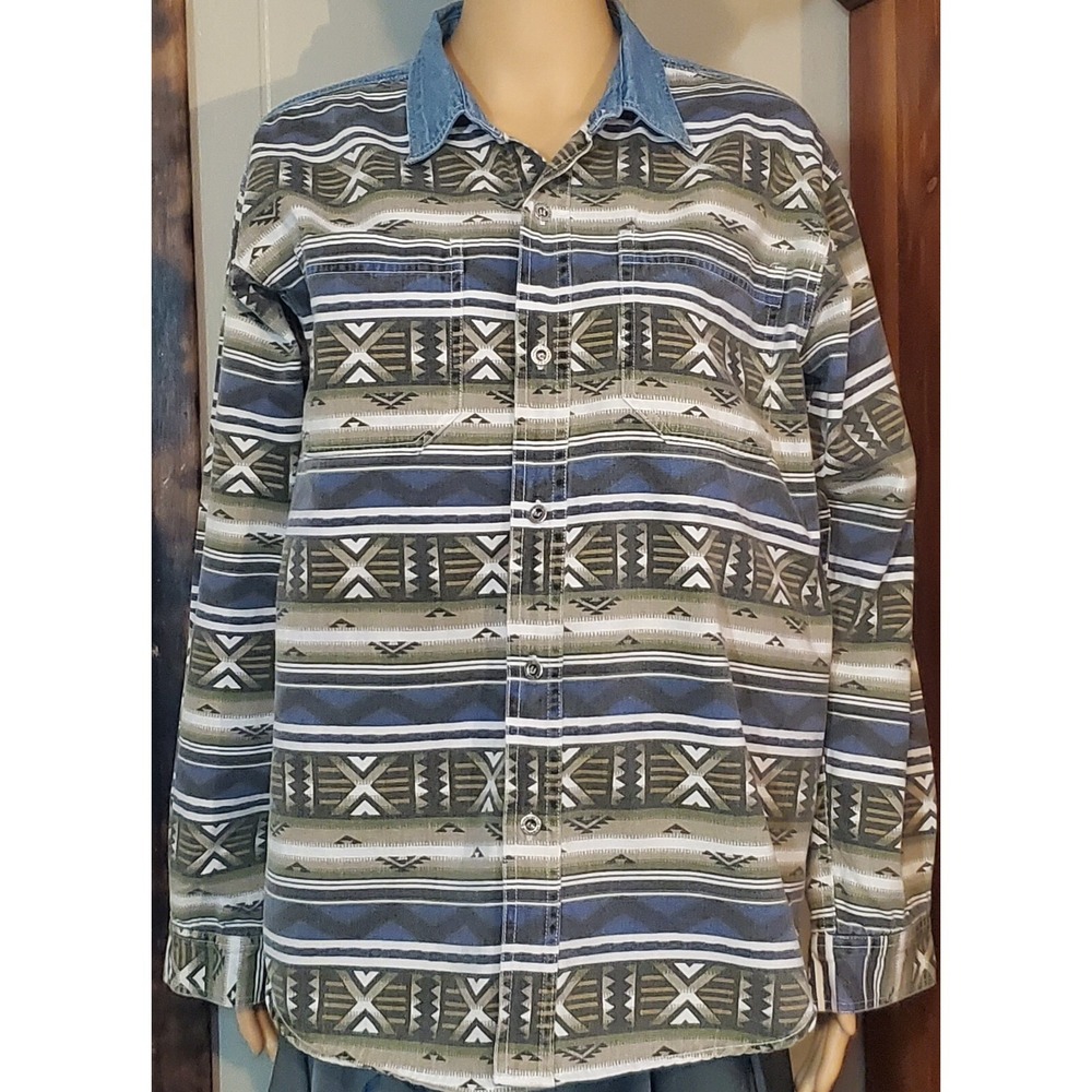 Canyon River Blues Boys Long Sleeve Southwest Print Denim Button Down Shirt